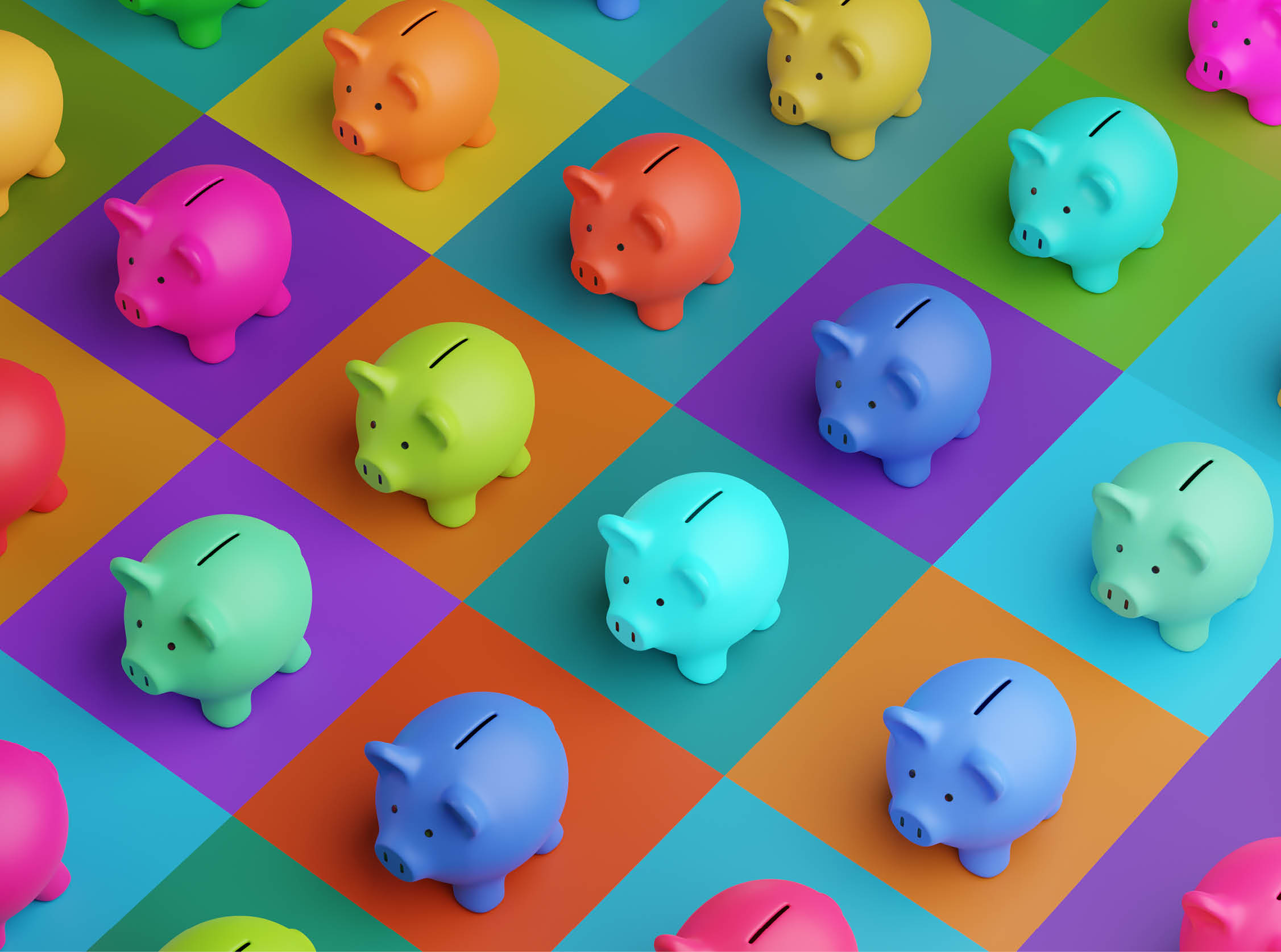 Array of piggy banks in saturated colours on high colour contrast background. Illustration of the concept of bank savings, financial investment and multiple sources of income