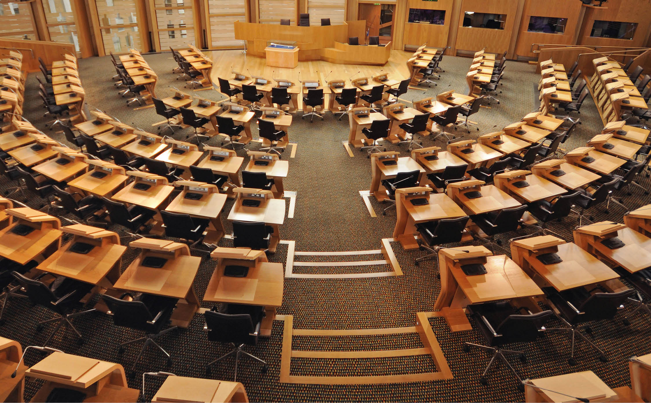 Wide angle view of the Scottish Parliamentary Building, Edinburgh, Scotland, UK.